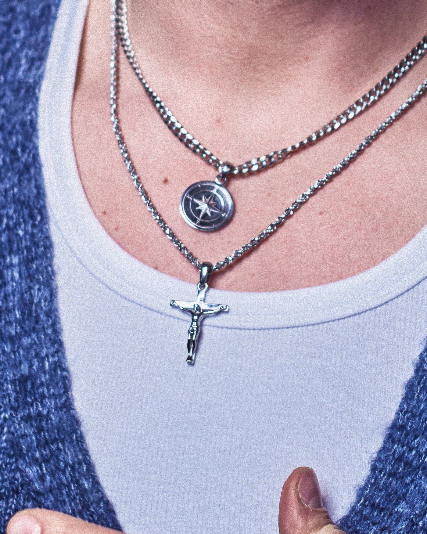 Crucifix Pendant - styled with Plain Band Ring, Hammered Band Ring, Onyx Signet Ring, Crown Signet Ring and Rope Chain 3mm, layered ring stack with pendant on chain