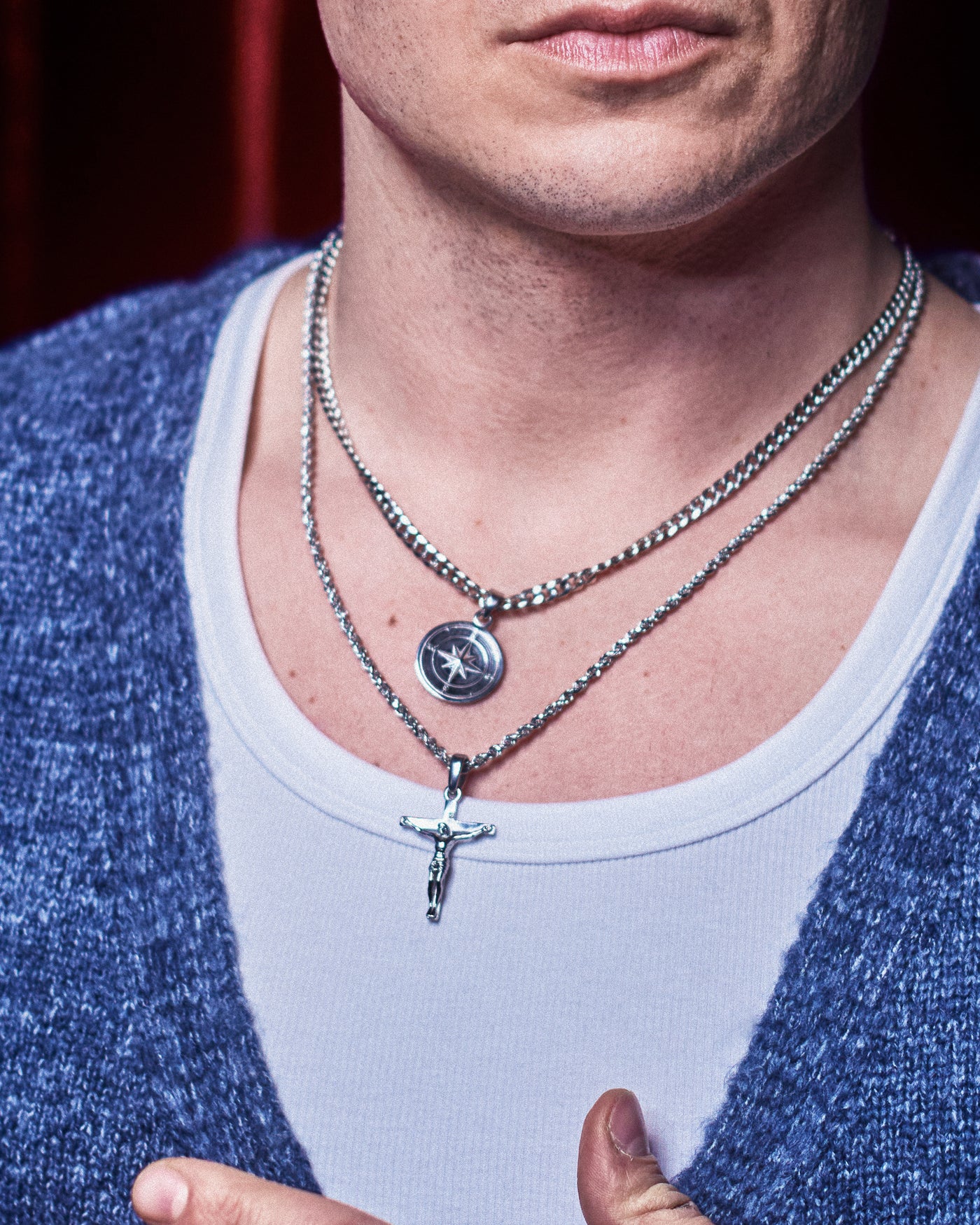 Compass Pendant - styled with Plain Band Ring, Hammered Band Ring, Onyx Signet Ring, Crown Signet Ring, Crucifix Pendant and Rope Chain 3mm, layered ring stack with pendant on chain