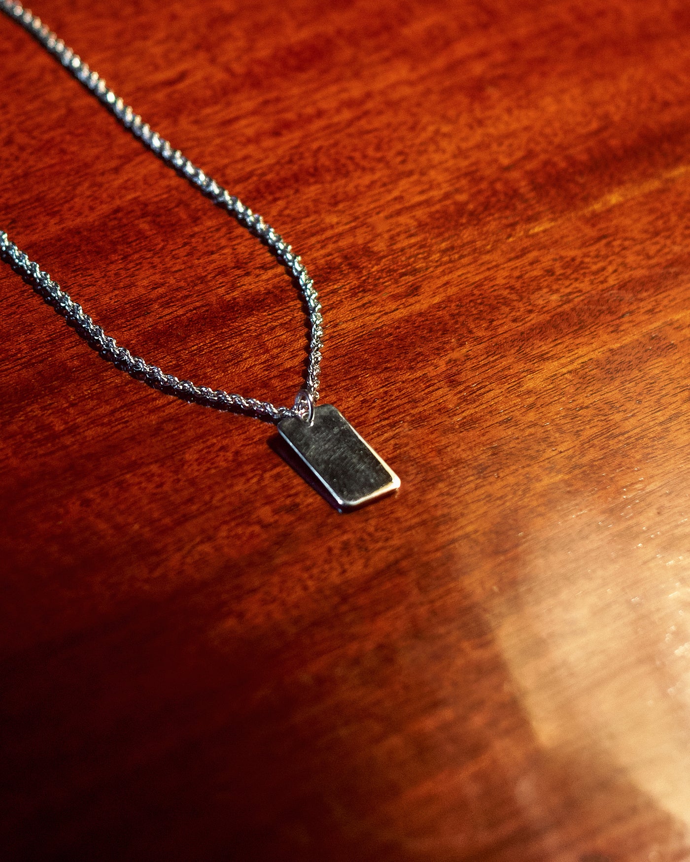 Plain Dog Tag - styled with Rope Chain 3mm, pendant detail