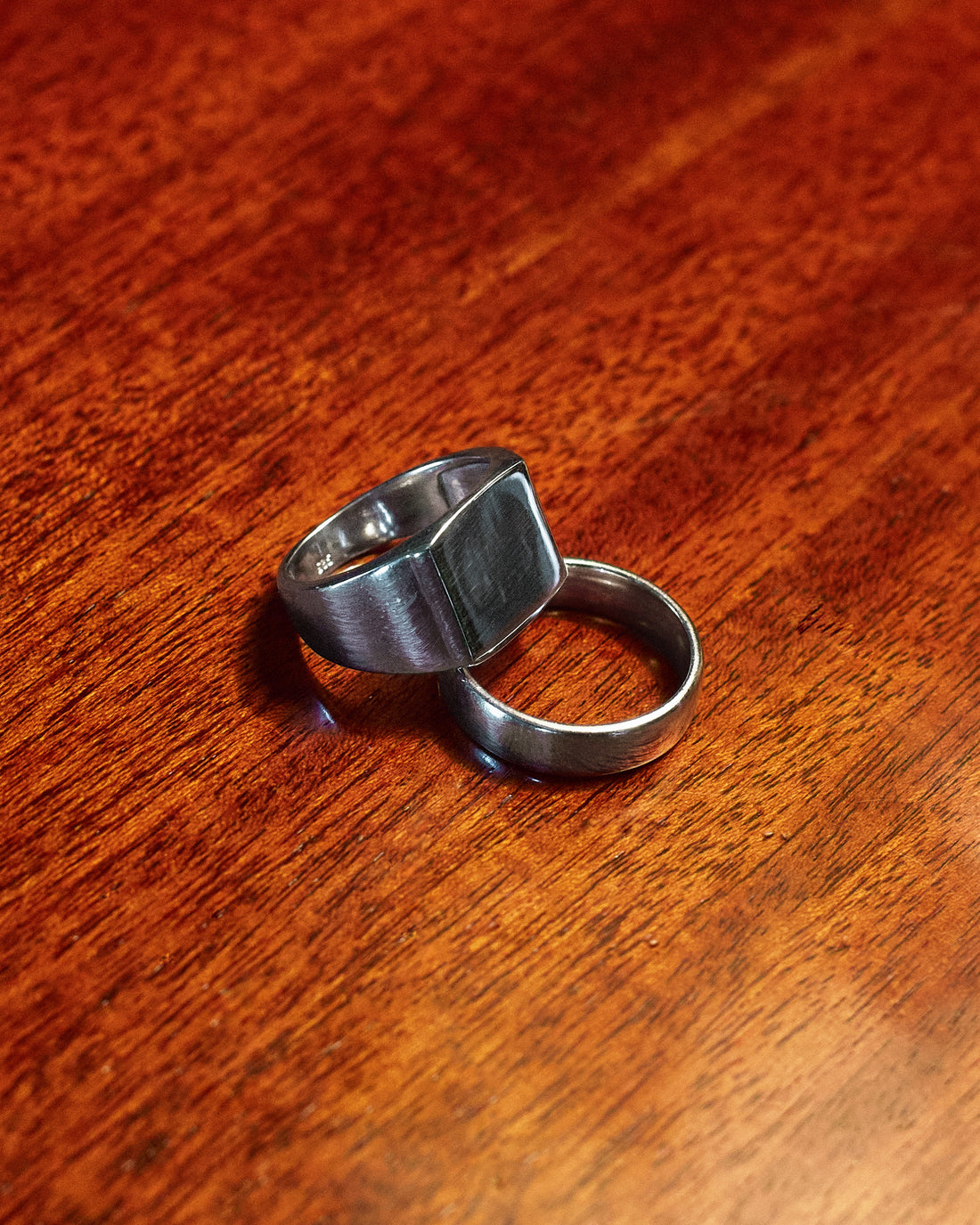 Plain Band Ring - styled with Plain Signet Ring, two-ring detail shot