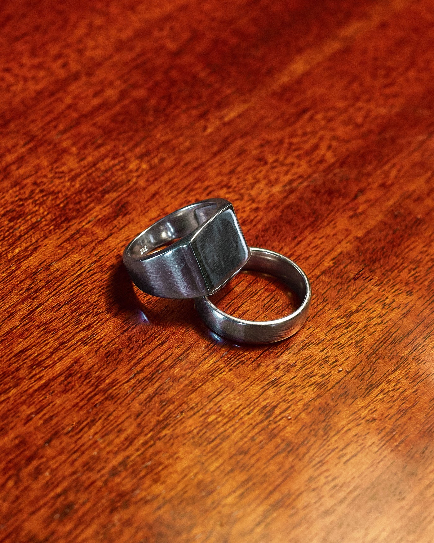 Plain Signet Ring - styled with Plain Band Ring, two-ring detail shot
