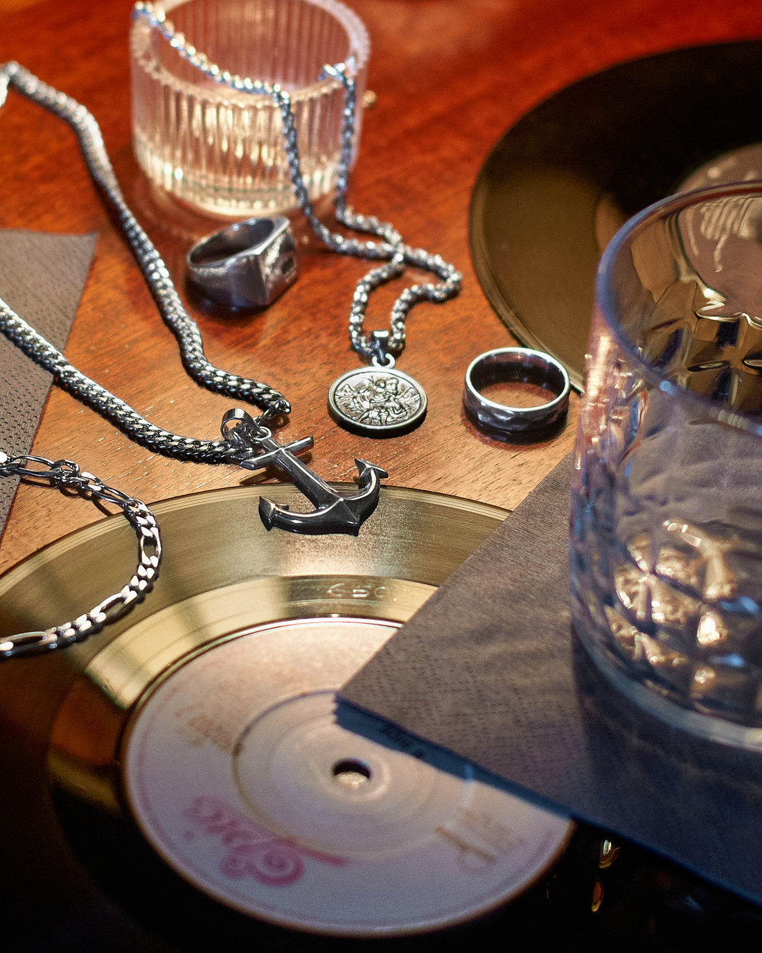 Hammered Band Ring - styled with Anchor Pendant, St Christopher Pendant, Figaro Bracelet 5mm, Cuban Chain 5mm, Rope Chain 3mm and Crown Signet Ring, layered jewellery group shot