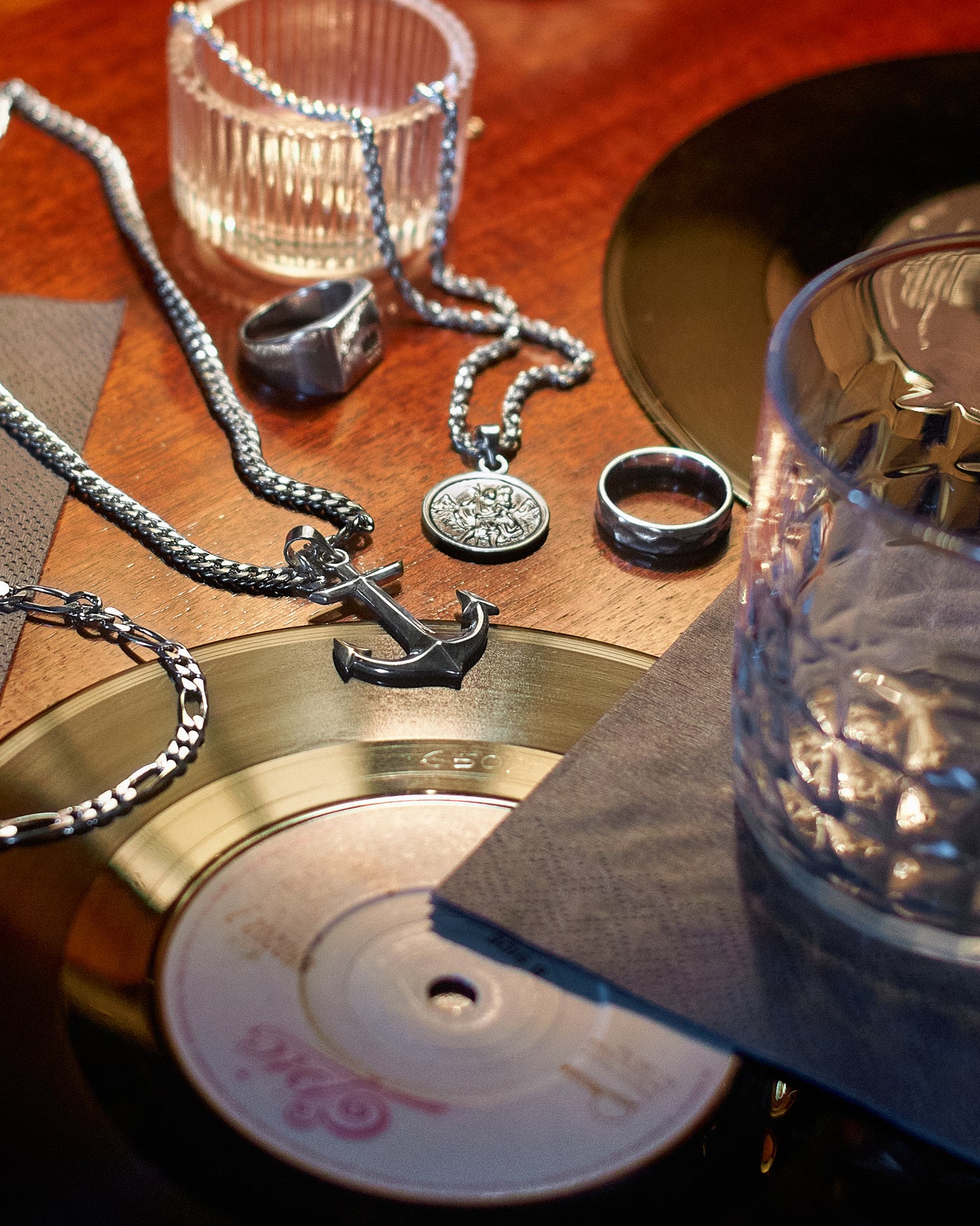 Anchor Pendant - styled with St Christopher Pendant, Hammered Band Ring, Figaro Bracelet 5mm, Cuban Chain 5mm, Rope Chain 3mm and Crown Signet Ring, layered jewellery group shot