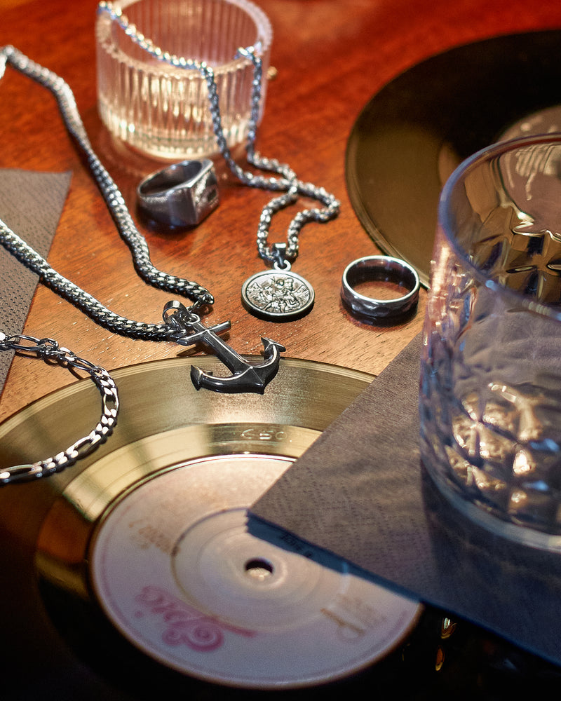 Anchor Pendant - styled with St Christopher Pendant, Hammered Band Ring, Figaro Bracelet 5mm, Cuban Chain 5mm, Rope Chain 3mm and Crown Signet Ring, layered jewellery group shot
