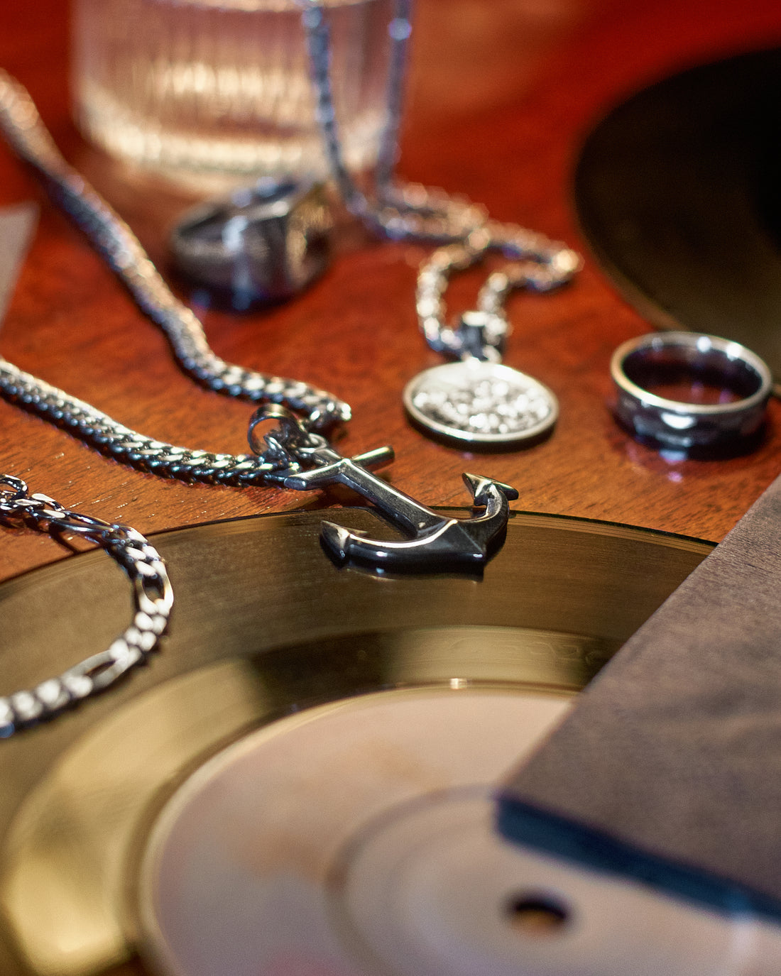 Anchor Pendant - styled with Vitruvian Pendant, Crown Dog Tag, Plain Signet Ring and Rope Chain 3mm, tabletop arrangement