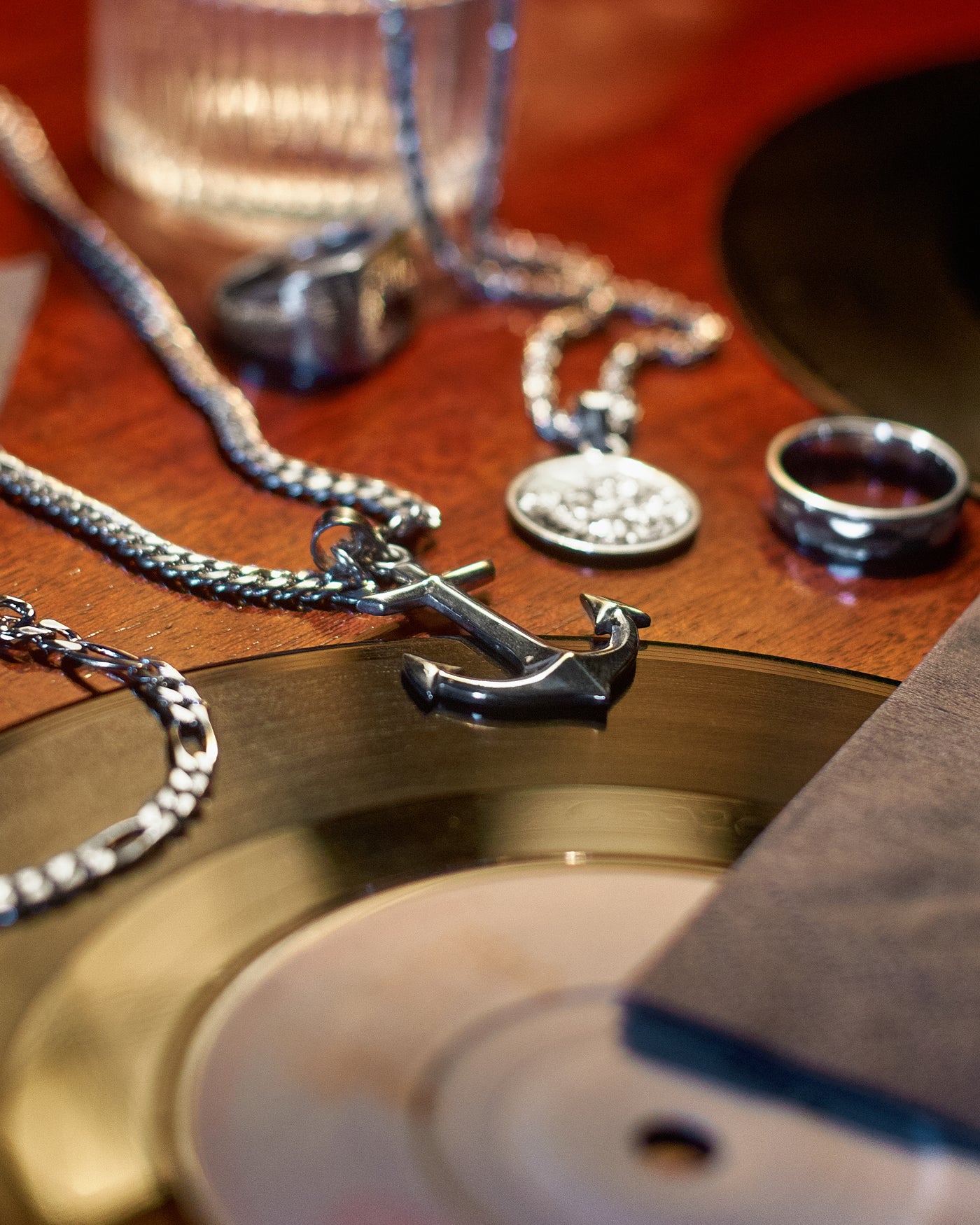 Anchor Pendant - styled with Vitruvian Pendant, Crown Dog Tag, Plain Signet Ring and Rope Chain 3mm, tabletop arrangement