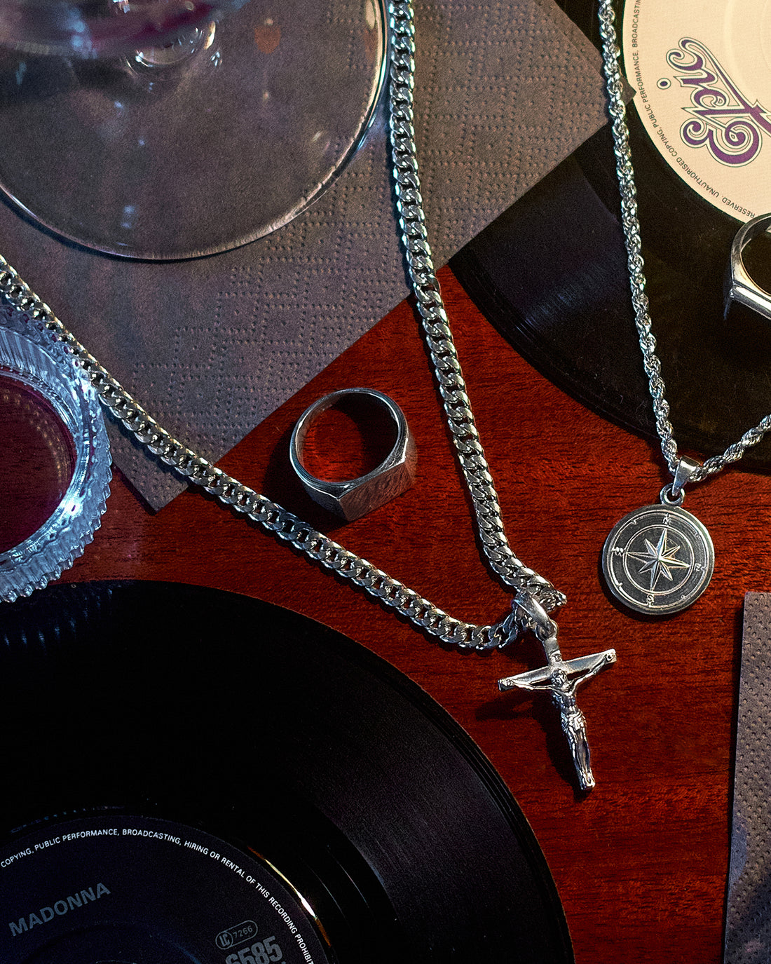 Plain Signet Ring - styled with Crucifix Pendant, Compass Pendant, Cuban Chain 5mm, Rope Chain 3mm and Onyx Signet Ring, layered jewellery on hand and chain