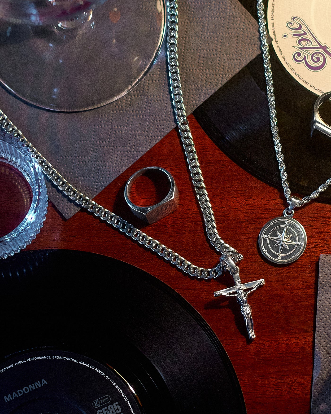 Plain Signet Ring - styled with Crucifix Pendant, Compass Pendant, Cuban Chain 5mm, Rope Chain 3mm and Onyx Signet Ring, layered jewellery on hand and chain