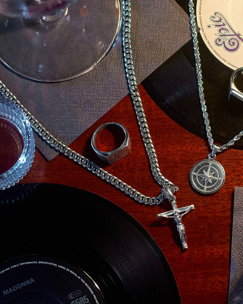 Plain Signet Ring - styled with Crucifix Pendant, Compass Pendant, Cuban Chain 5mm, Rope Chain 3mm and Onyx Signet Ring, layered jewellery on hand and chain