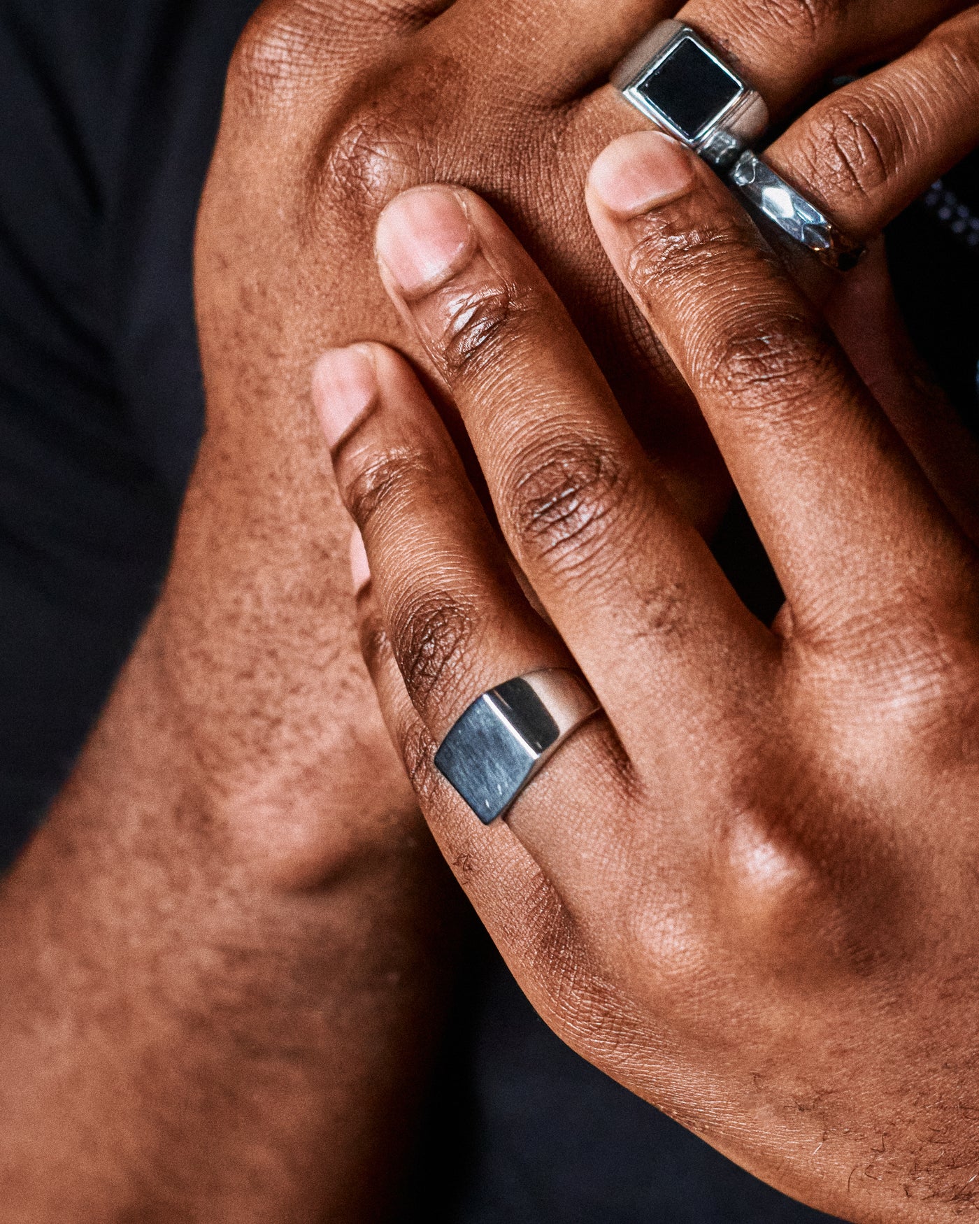 Plain Signet Ring - stacked with Cuban Bracelet 5mm, Onyx Signet Ring and Hammered Band Ring