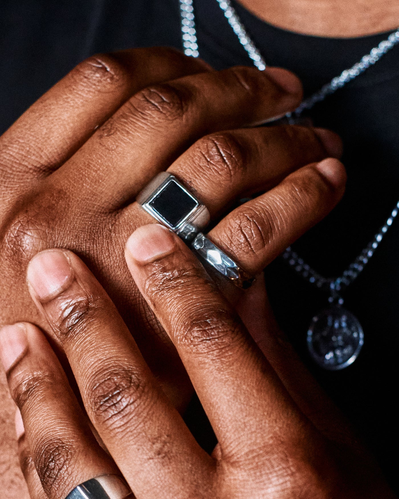 Hammered Band Ring - stacked with Cuban Bracelet 5mm, Onyx Signet Ring and Plain Signet Ring