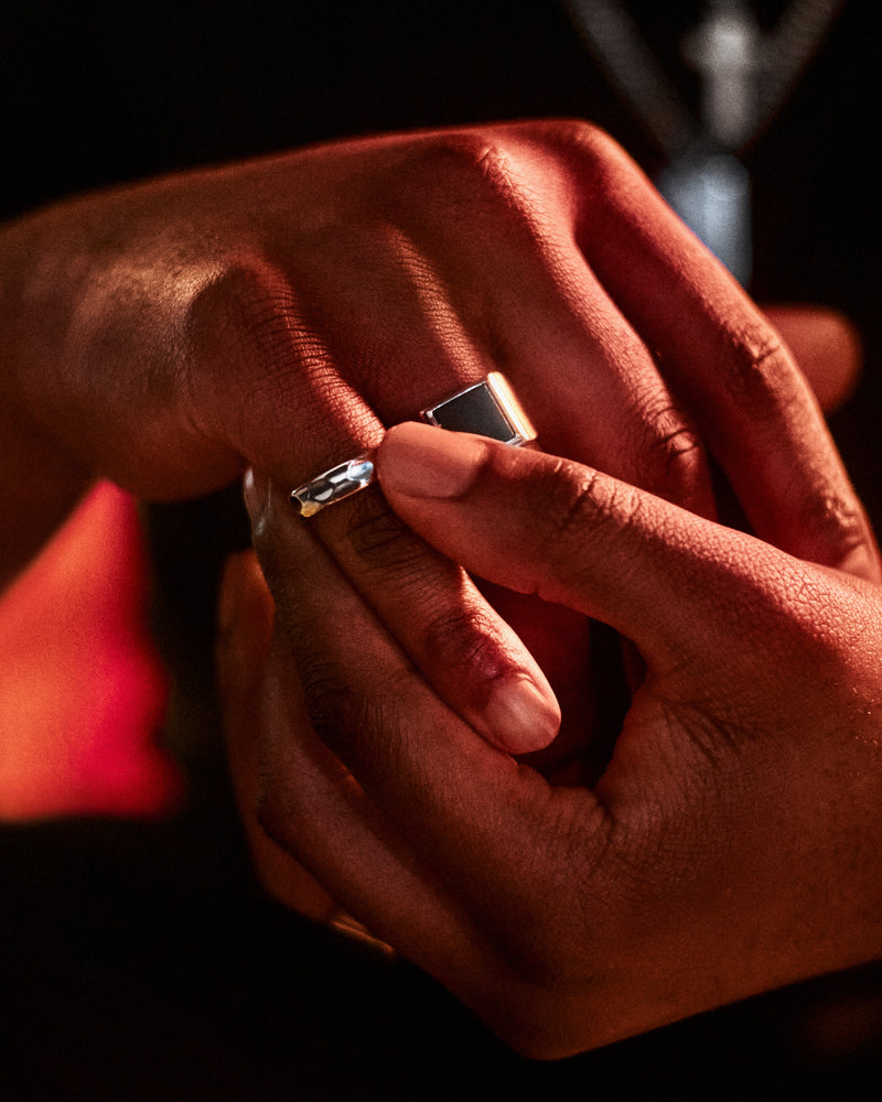 Hammered Band Ring - styled with Figaro Bracelet 5mm and Onyx Signet Ring