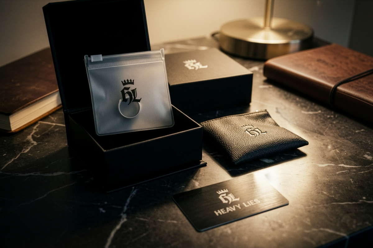 Heavy Lies gift packaging — magnetic presentation box, leather travel pouch, anti-tarnish pouch and certificate card